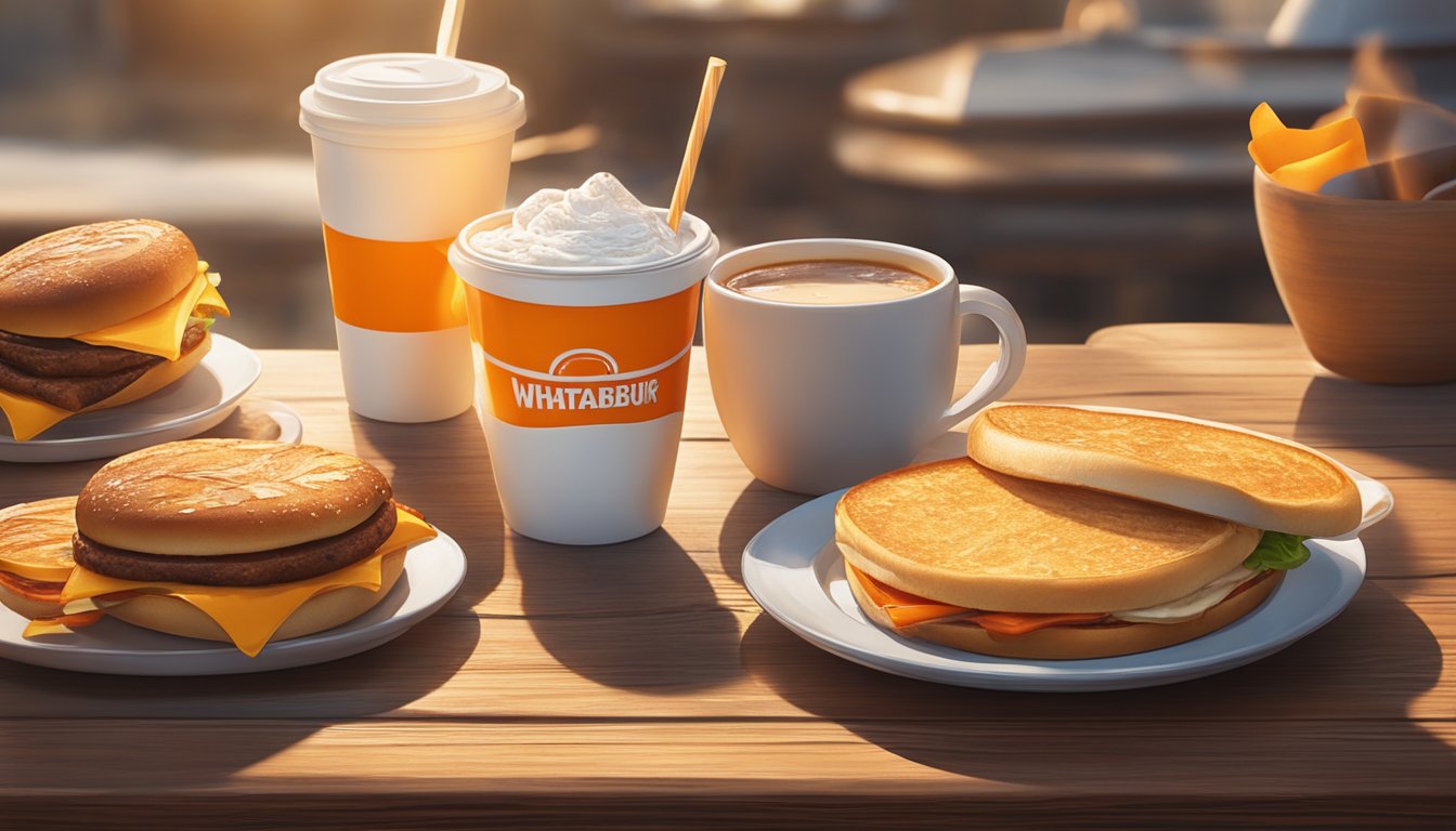 A close-up of a Whataburger breakfast spread on a rustic wooden table, with steam rising from a hot cup of coffee and the morning sunlight casting warm shadows