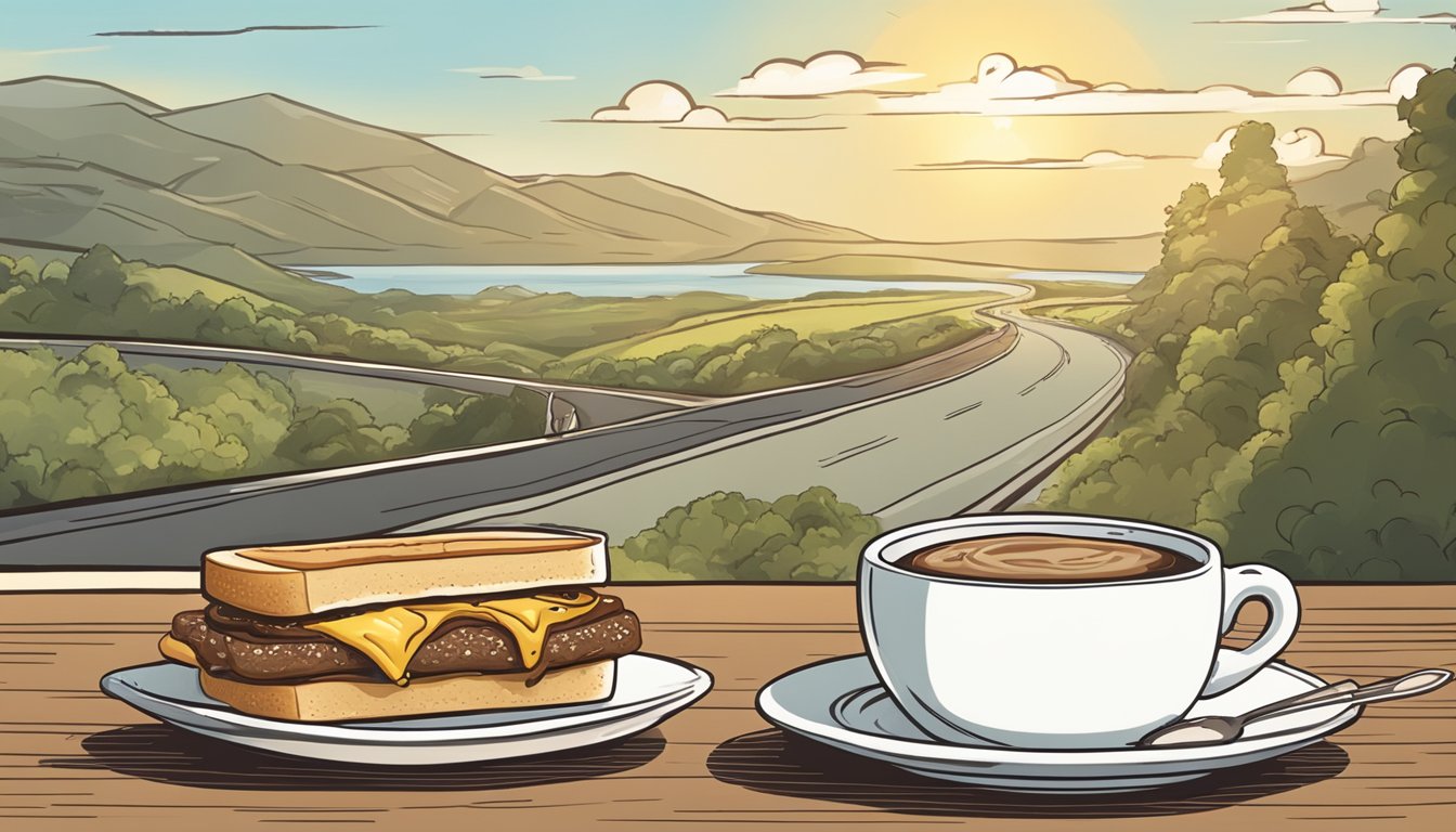 A steaming cup of coffee sits next to a hearty breakfast sandwich, with a scenic road stretching out in the background