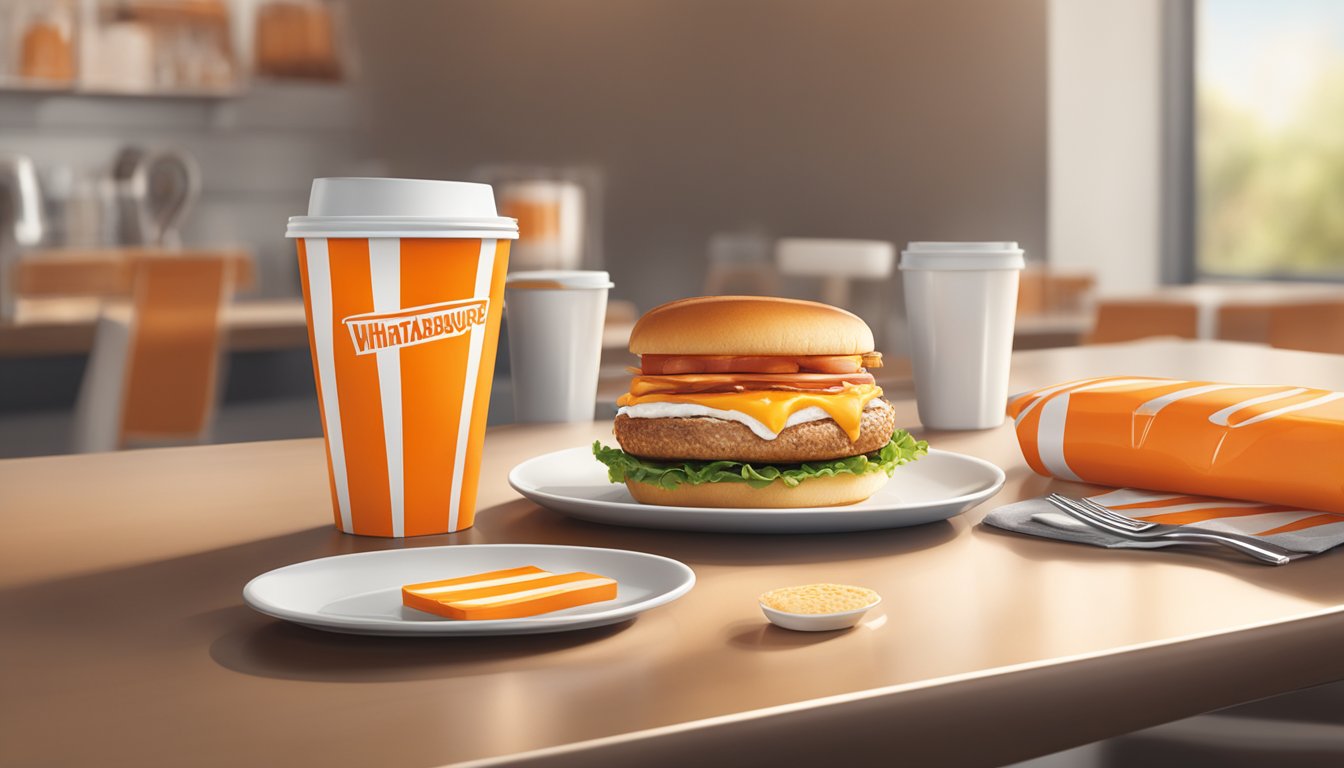 A table set with Whataburger's iconic orange and white packaging, a steaming breakfast sandwich, and a cup of coffee, with natural light streaming in