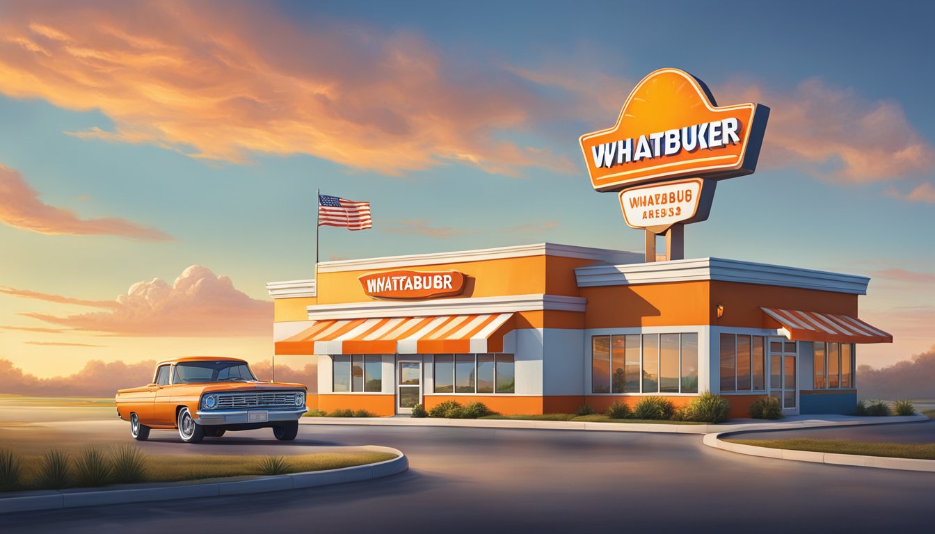 A classic Whataburger sign stands tall against a vibrant morning sky, with a breakfast menu and a road stretching out in the distance