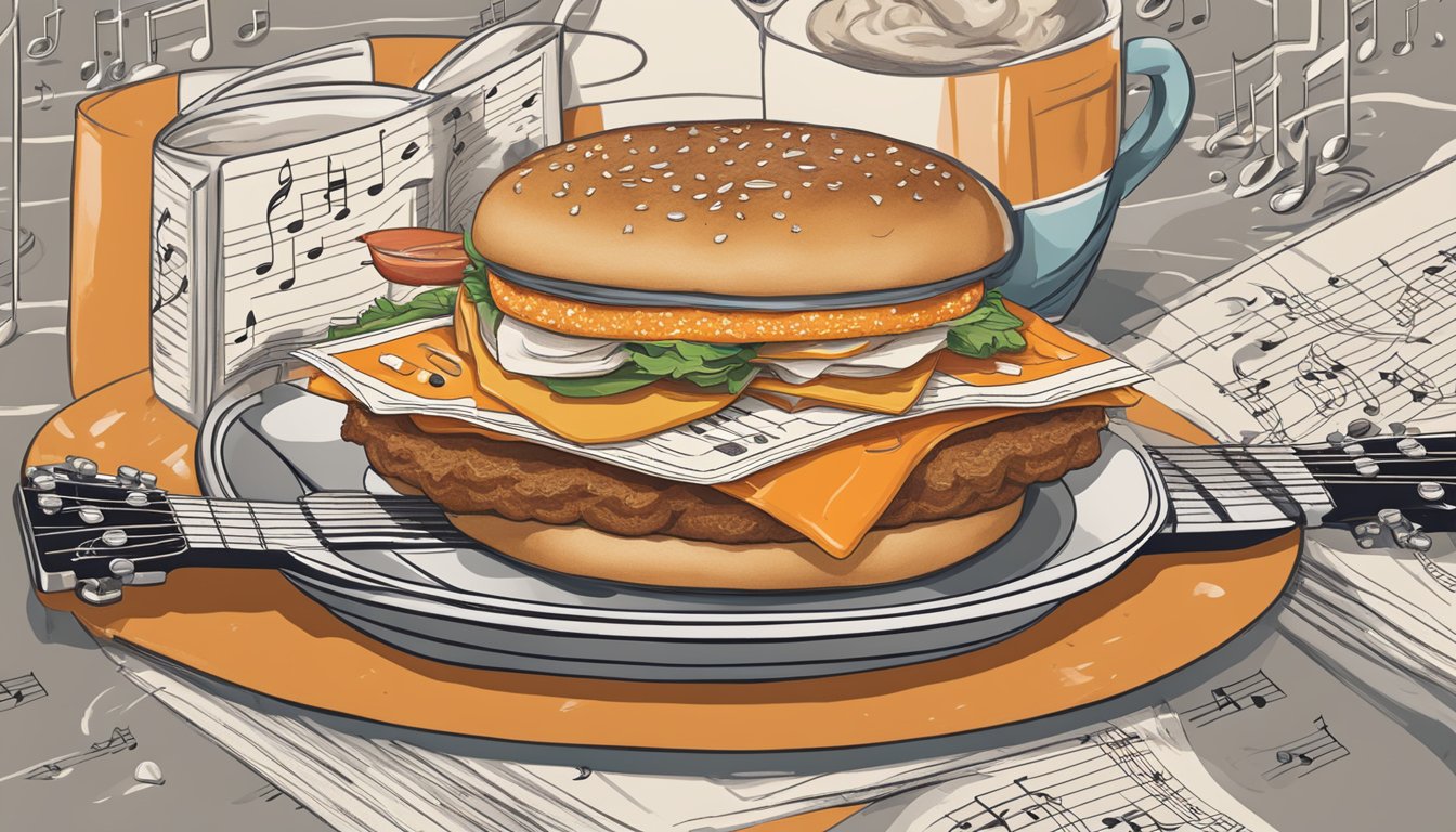 A Whataburger breakfast sandwich and a guitar surrounded by music notes and lyrics from Texas artists