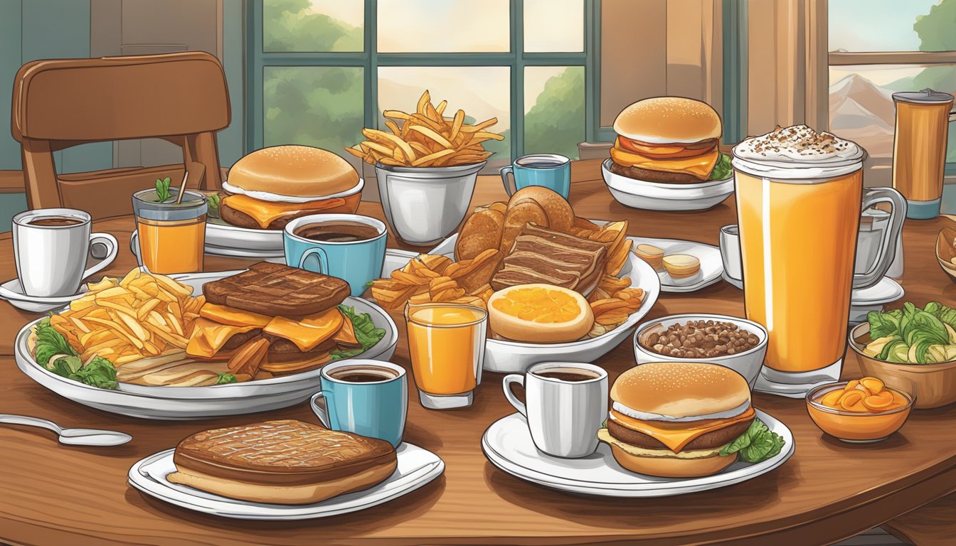 A table set with Whataburger's breakfast items, arranged with colorful garnishes and steaming coffee, ready to be photographed