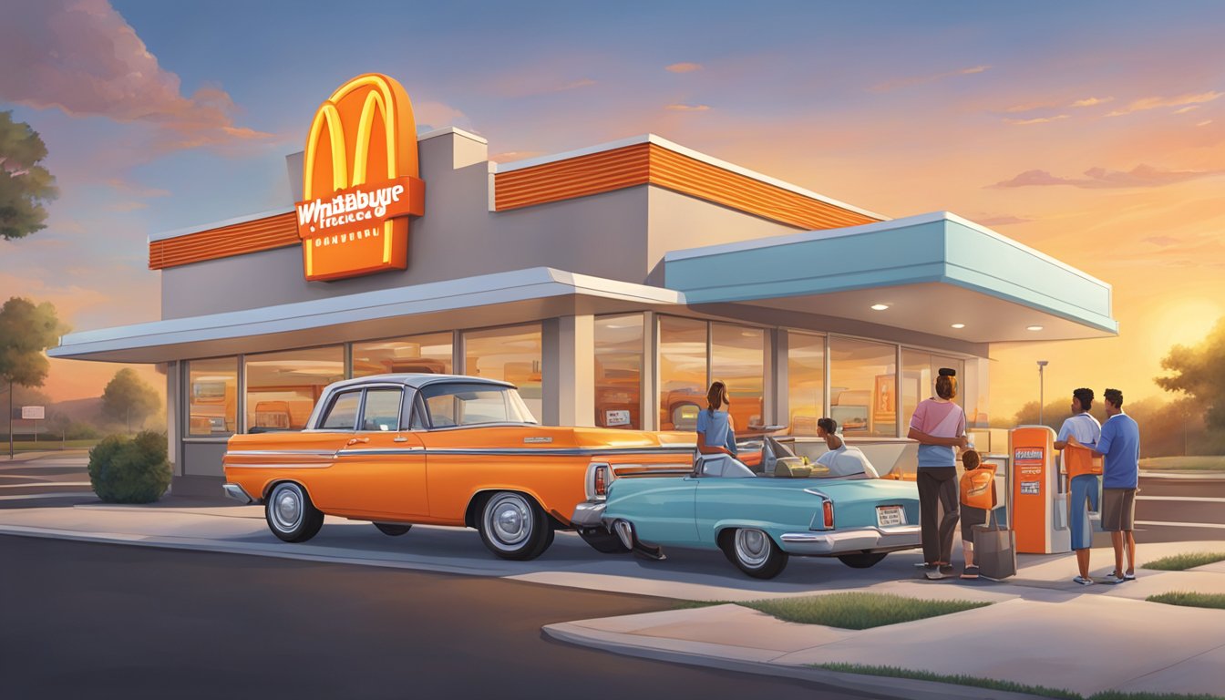 A family car parked at a Whataburger drive-thru with a sunrise in the background, as a server hands over a bag of breakfast items