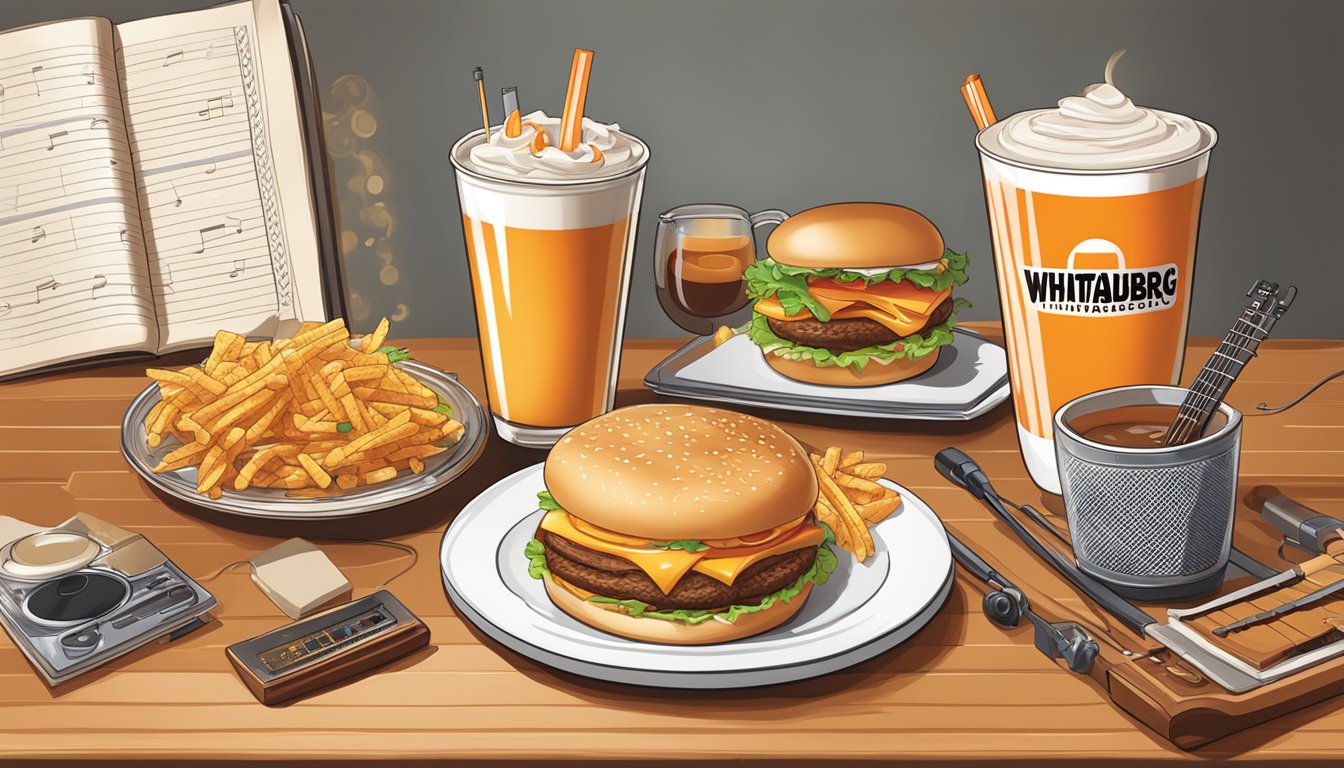 A table set with a Whataburger breakfast menu, surrounded by music notes and instruments