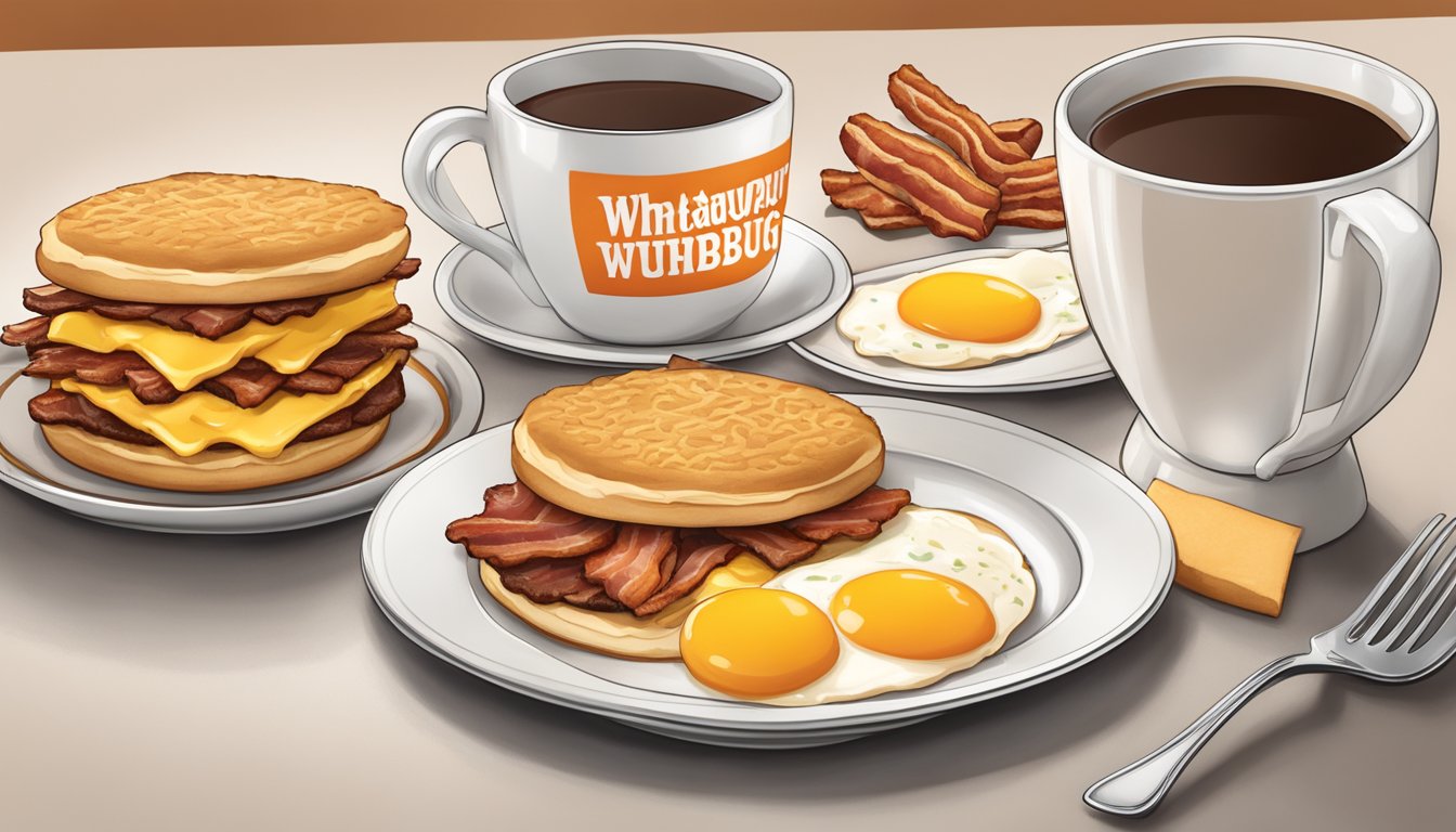 A table set with a Whataburger breakfast spread, featuring biscuits, eggs, bacon, and hash browns, with a steaming cup of coffee