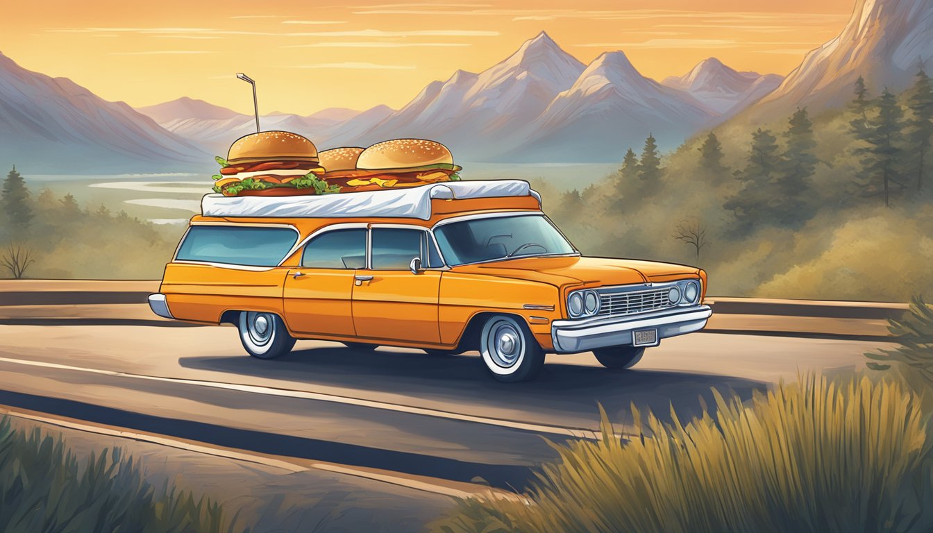 A steaming Whataburger breakfast sandwich on a tray, with a scenic road trip backdrop and regional landmarks in the distance