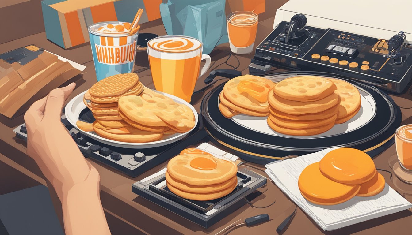 A sunny morning with a Whataburger breakfast on a table, surrounded by musical instruments and vinyl records. A musician's hand reaches for a biscuit