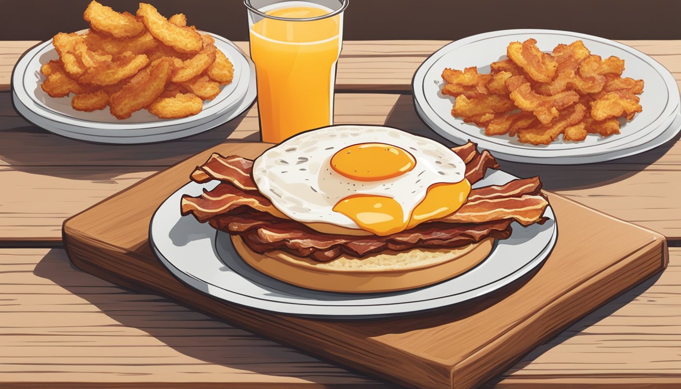 A steaming breakfast platter from Whataburger, adorned with sizzling bacon, golden hash browns, and a perfectly cooked egg, sits on a rustic wooden table surrounded by fresh coffee and orange juice