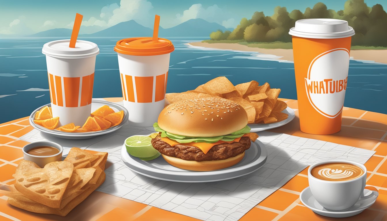 A colorful breakfast spread with Whataburger's iconic orange and white packaging, a steaming cup of coffee, and a scenic road map