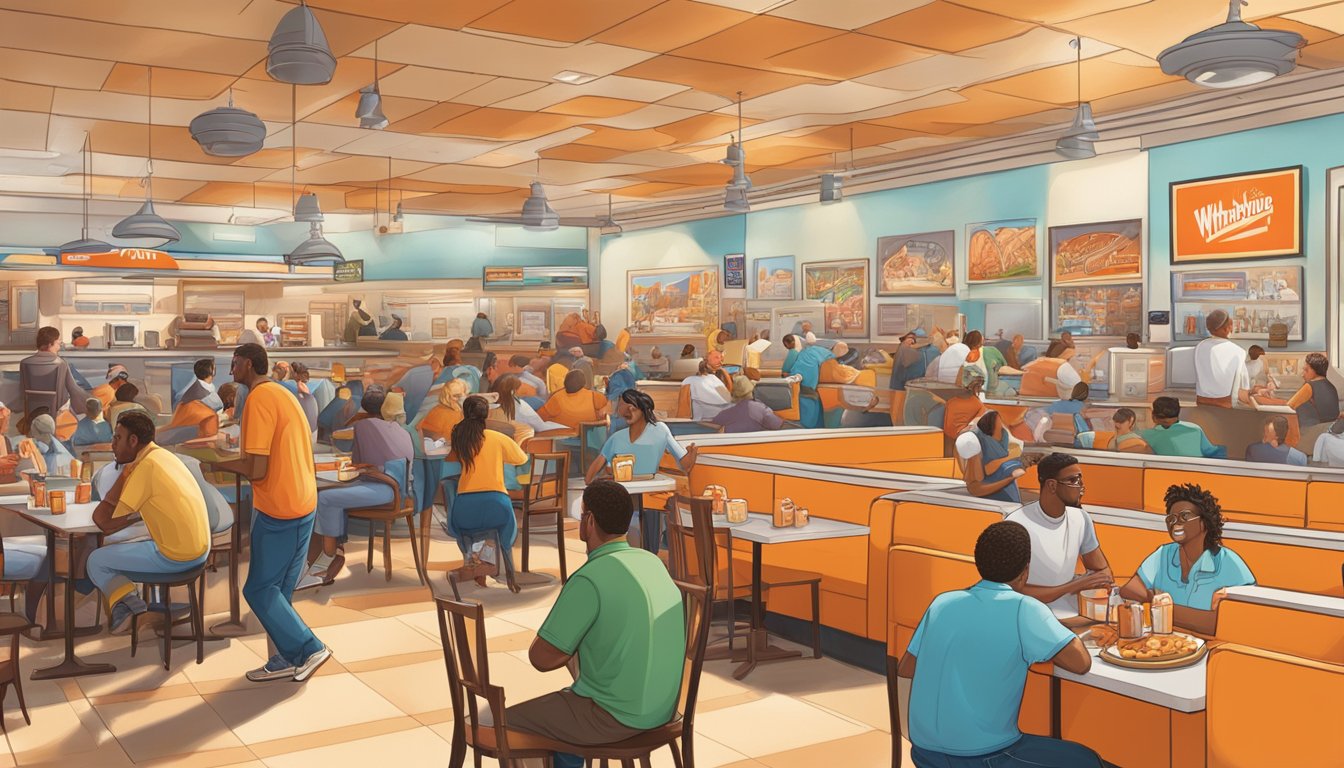 A bustling Whataburger restaurant with a lively morning crowd enjoying breakfast and live music, while music posters and memorabilia decorate the walls