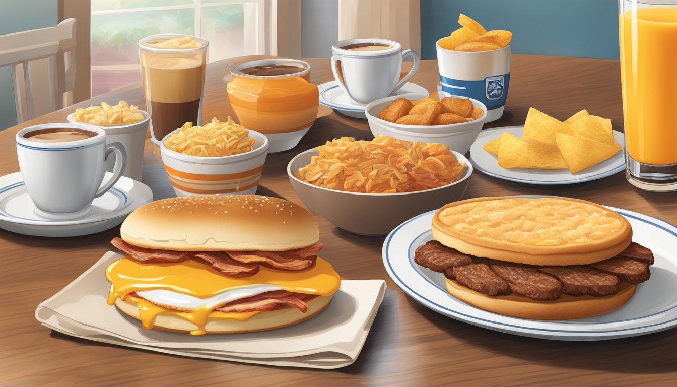 A table set with a spread of Whataburger's breakfast fare, including biscuits, eggs, bacon, and hash browns, with a cup of coffee and orange juice