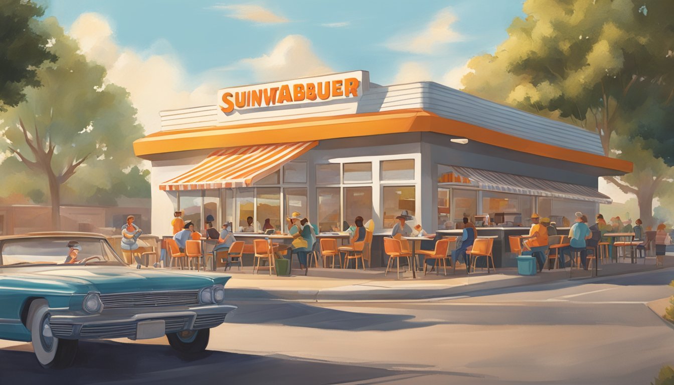 A sunlit Whataburger restaurant with a bustling drive-thru, outdoor seating, and a stage for live music. A diverse crowd enjoys breakfast while a musician performs