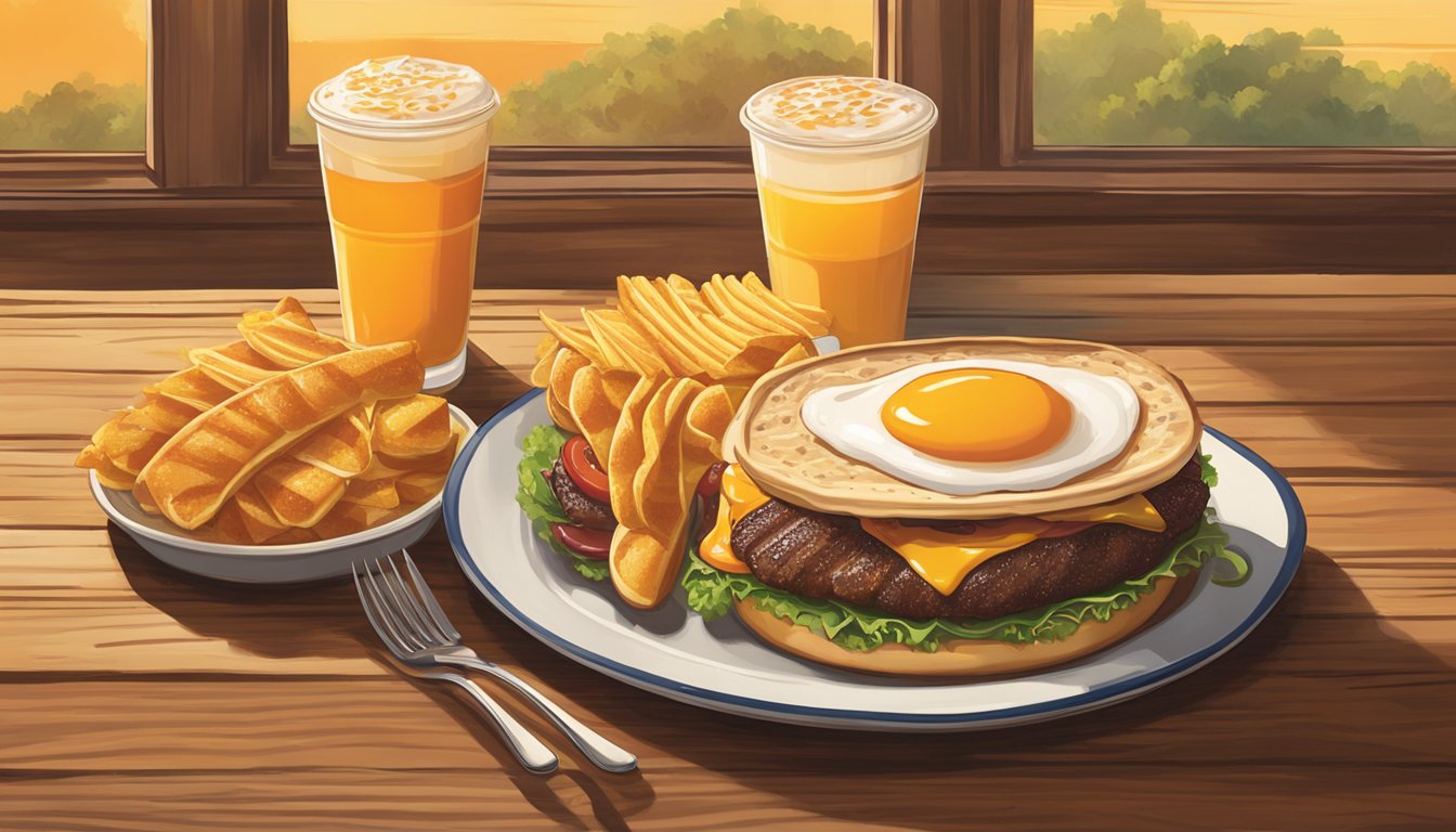 A steaming Whataburger breakfast platter sits on a rustic wooden table, surrounded by a warm, golden morning light. The food is artfully arranged, showcasing the vibrant colors and textures of the meal