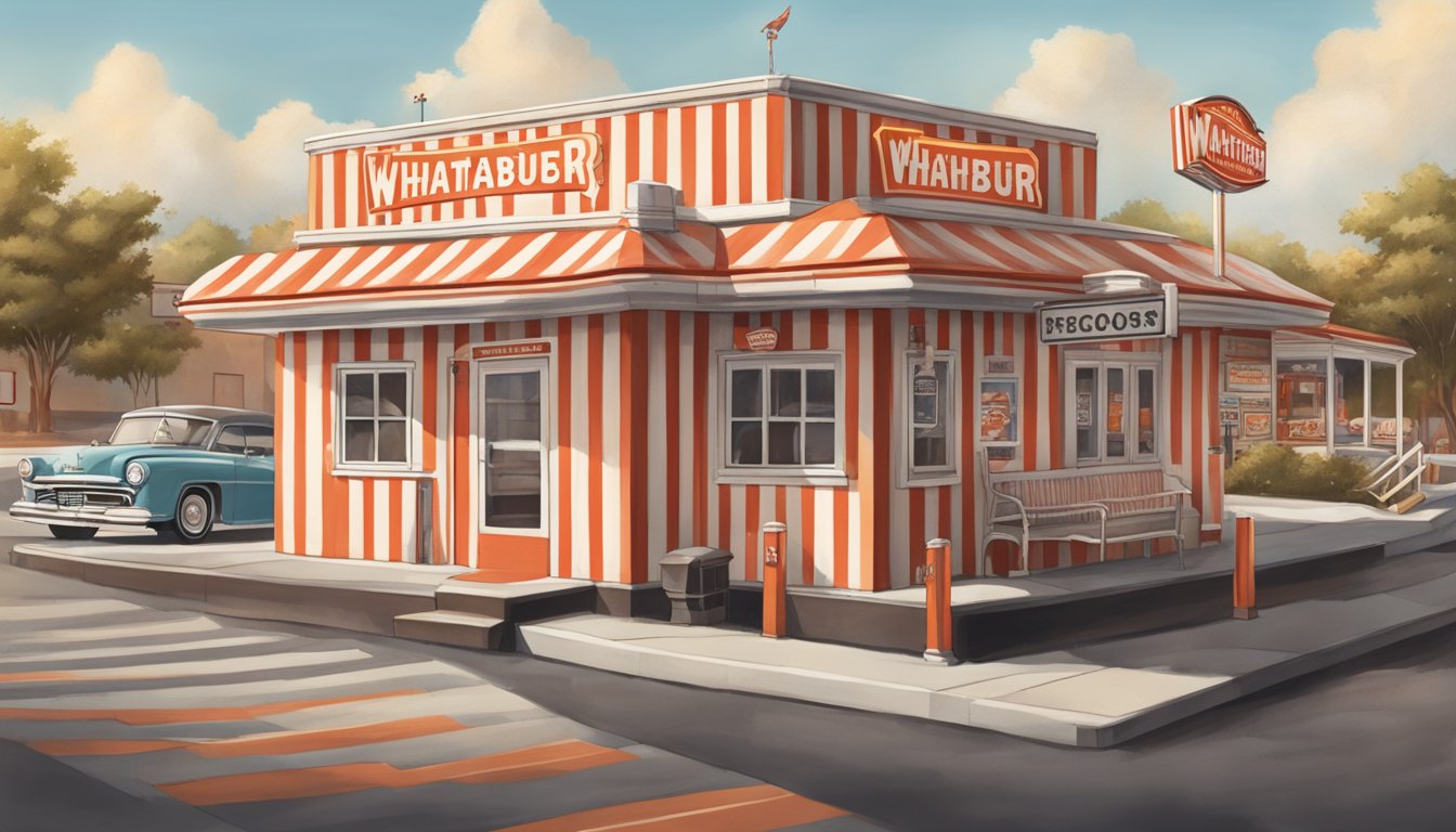 A vintage Whataburger restaurant with a classic red and white striped exterior, surrounded by nostalgic memorabilia and old-fashioned signage