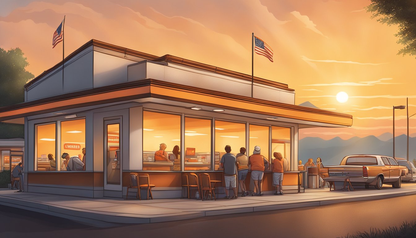 A bustling Whataburger restaurant at sunrise, with a line of customers eagerly waiting for their breakfast orders. The smell of sizzling bacon and freshly brewed coffee fills the air