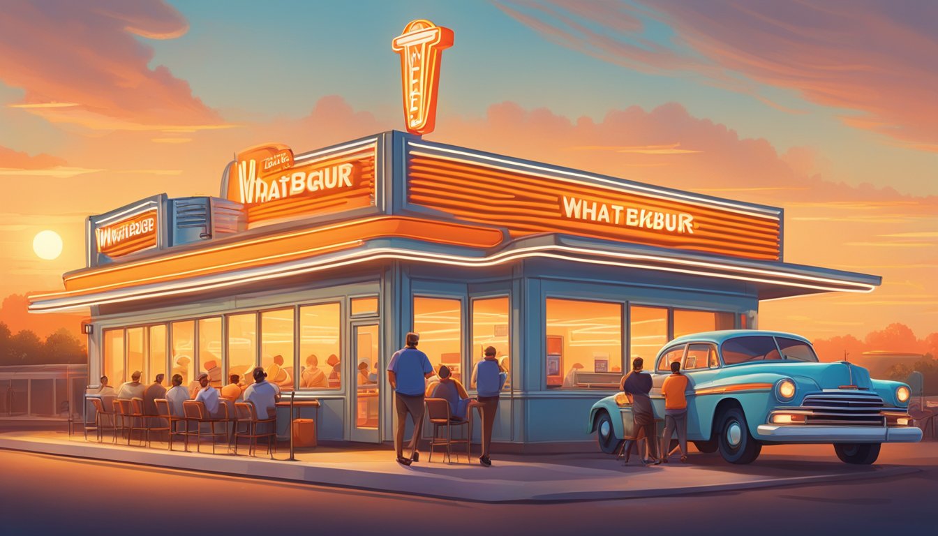 A bustling Whataburger restaurant at sunrise, with a vintage neon sign and a line of customers eagerly waiting for their nostalgic breakfast favorites