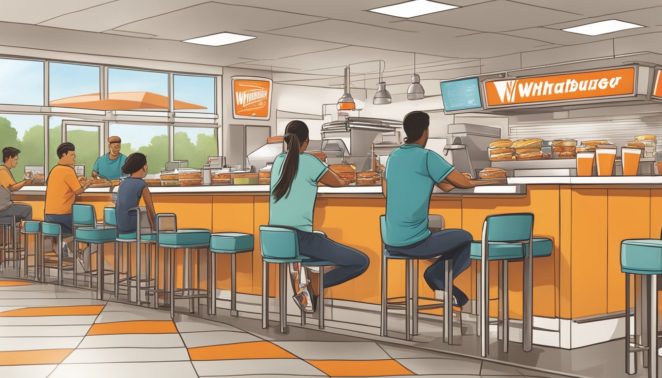 A bustling Whataburger restaurant at breakfast time, with customers enjoying their meals and staff working efficiently to serve them. The local community benefits from job opportunities and economic impact