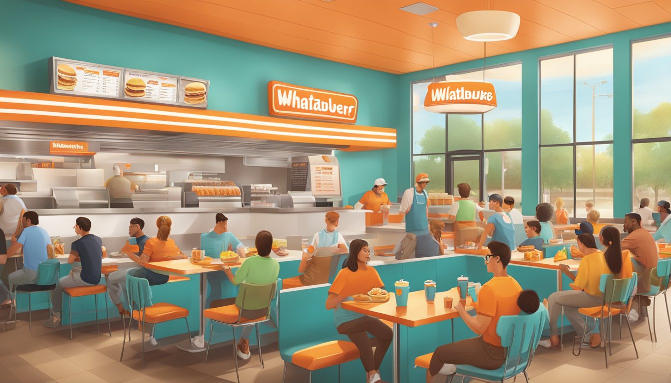 A bustling Whataburger restaurant with a colorful menu board and customers enjoying breakfast, evoking a sense of nostalgia and innovation