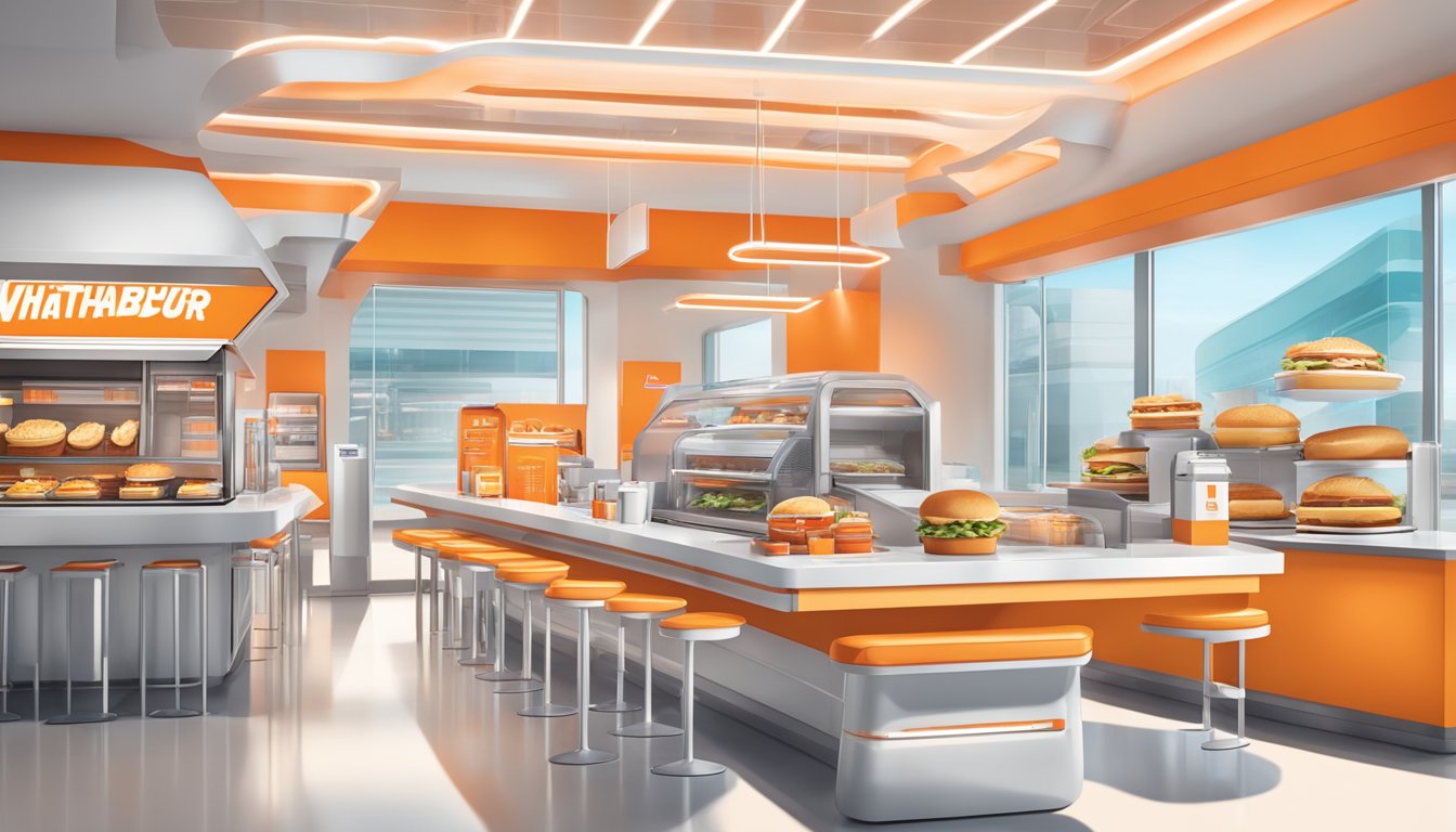 A futuristic breakfast spread with high-tech food items and innovative packaging, set in a sleek and modern Whataburger restaurant