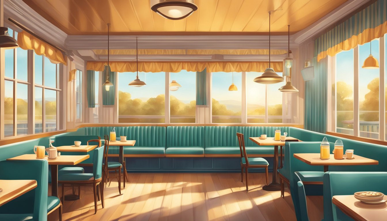 A cozy diner with vintage decor, serving classic breakfast dishes. The warm glow of the morning light creates a nostalgic atmosphere