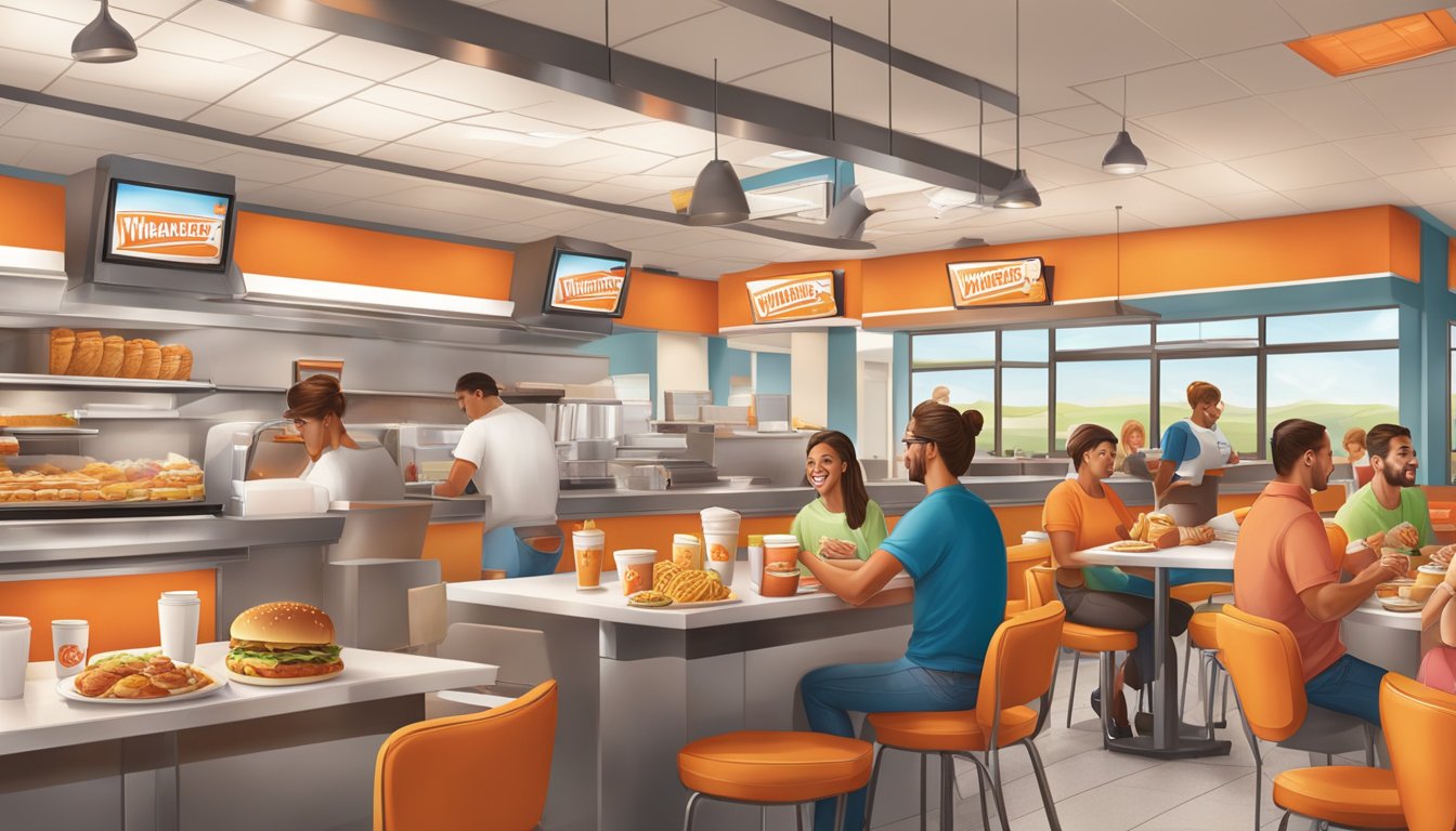 A bustling Whataburger breakfast scene with customers enjoying their meals, staff serving hot food, and a welcoming atmosphere