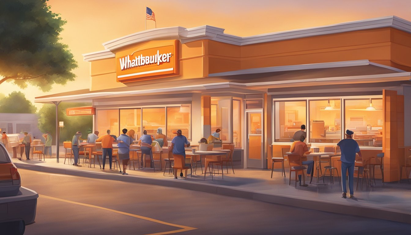 A bustling Whataburger restaurant at sunrise, with employees preparing breakfast items and local customers enjoying their meals. The restaurant is surrounded by a vibrant community, with nearby businesses benefiting from the increased morning traffic