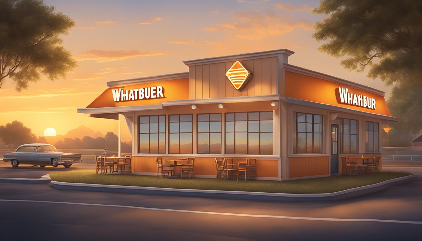 A vintage Whataburger sign stands against a backdrop of a sunrise, with a warm glow emanating from the restaurant's windows. Tables and chairs are arranged neatly outside, inviting customers to enjoy a nostalgic breakfast experience