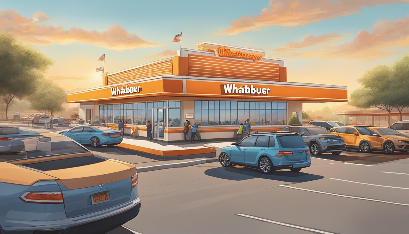 A bustling Whataburger restaurant at sunrise, with a line of cars at the drive-thru and a steady flow of customers inside ordering breakfast