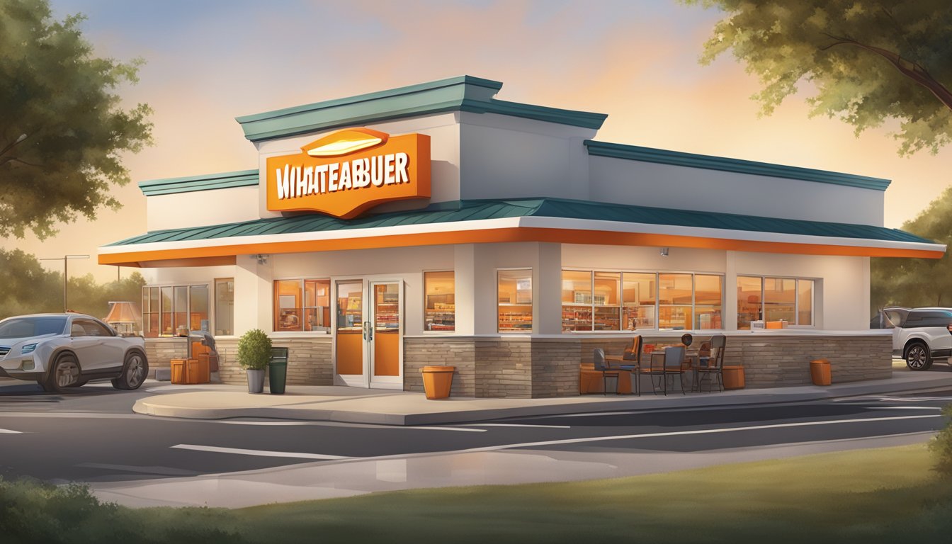 A bustling Whataburger restaurant with a focus on locally sourced breakfast ingredients, surrounded by a vibrant community and a network of local suppliers