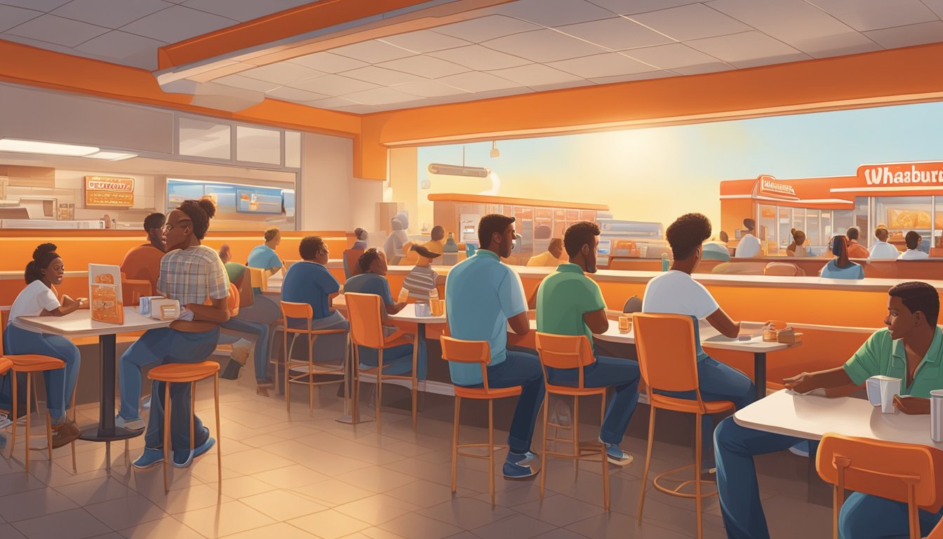 A bustling Whataburger restaurant at sunrise, with a line of customers eagerly waiting for their classic breakfast items, evoking a sense of nostalgia and comfort