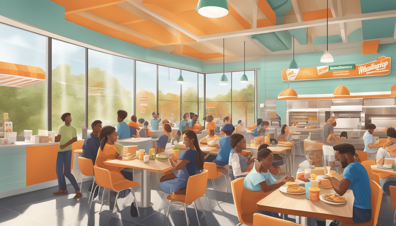 A bustling breakfast scene at Whataburger, with sustainable packaging and community engagement evident in the background