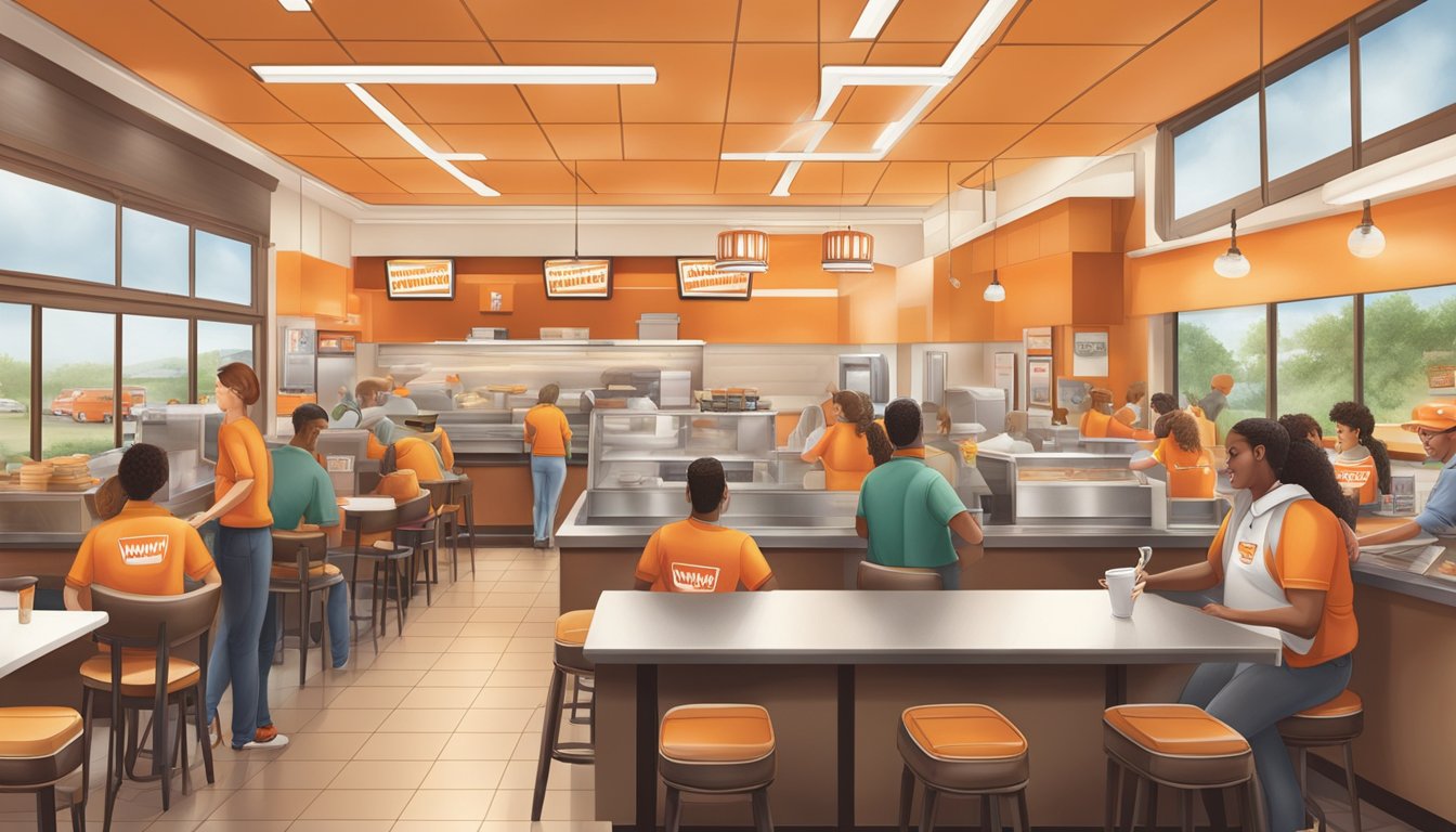 A bustling Whataburger restaurant with a line of customers out the door, employees working efficiently, and a warm, inviting atmosphere