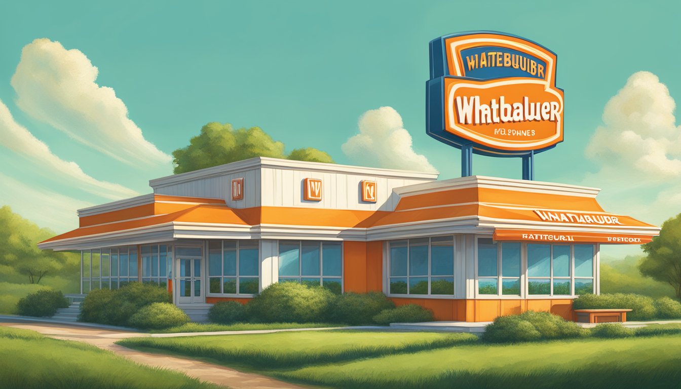 A vintage Whataburger sign stands tall against a backdrop of lush green fields and a bright blue sky, evoking a sense of nostalgia and timeless appeal