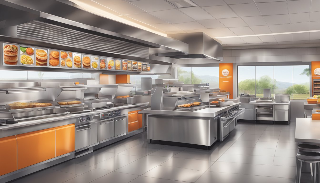 A modern kitchen with advanced cooking equipment and digital ordering systems at a Whataburger restaurant, showcasing the future of breakfast technology