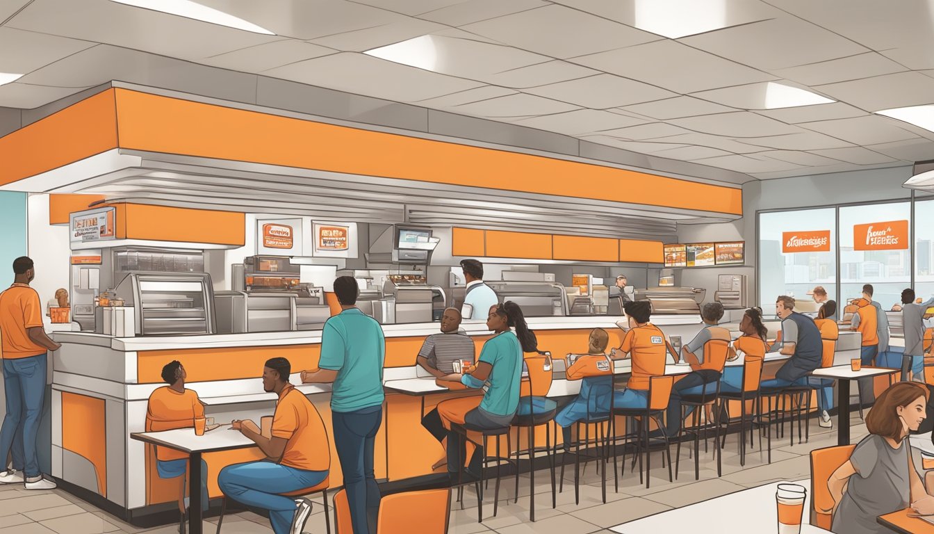 A bustling Whataburger restaurant with a line of customers waiting to order breakfast, while local businesses benefit from increased foot traffic