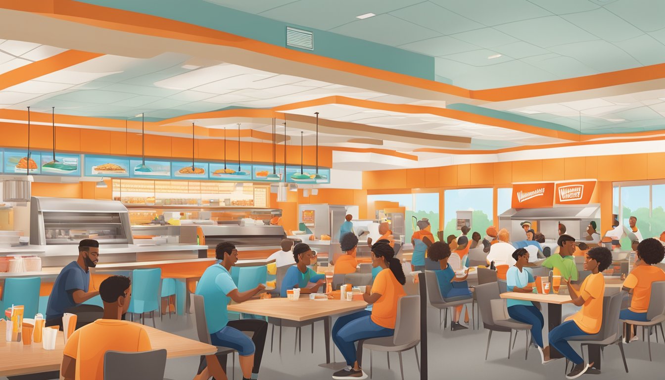 A bustling Whataburger restaurant filled with diverse customers enjoying breakfast, while staff members engage with the community through events and activities