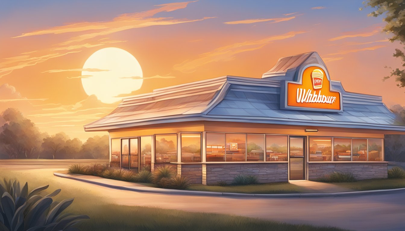 A sunrise over a Texas landscape with a Whataburger restaurant in the foreground, showcasing the cultural and regional influence of the iconic fast-food chain