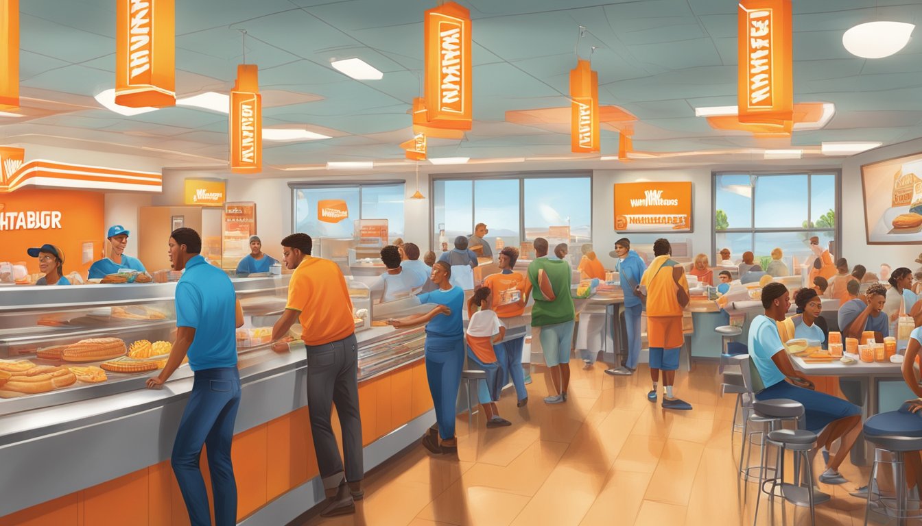 A bustling morning scene at a Whataburger restaurant, with a colorful display of breakfast items and a prominent "Future of Whataburger's Breakfast" banner