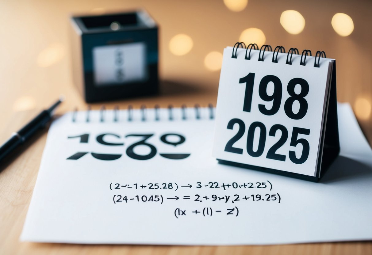 Um calendário mostrando os anos de 1968 e 2025 com uma equação matemática escrita em um pedaço de papel