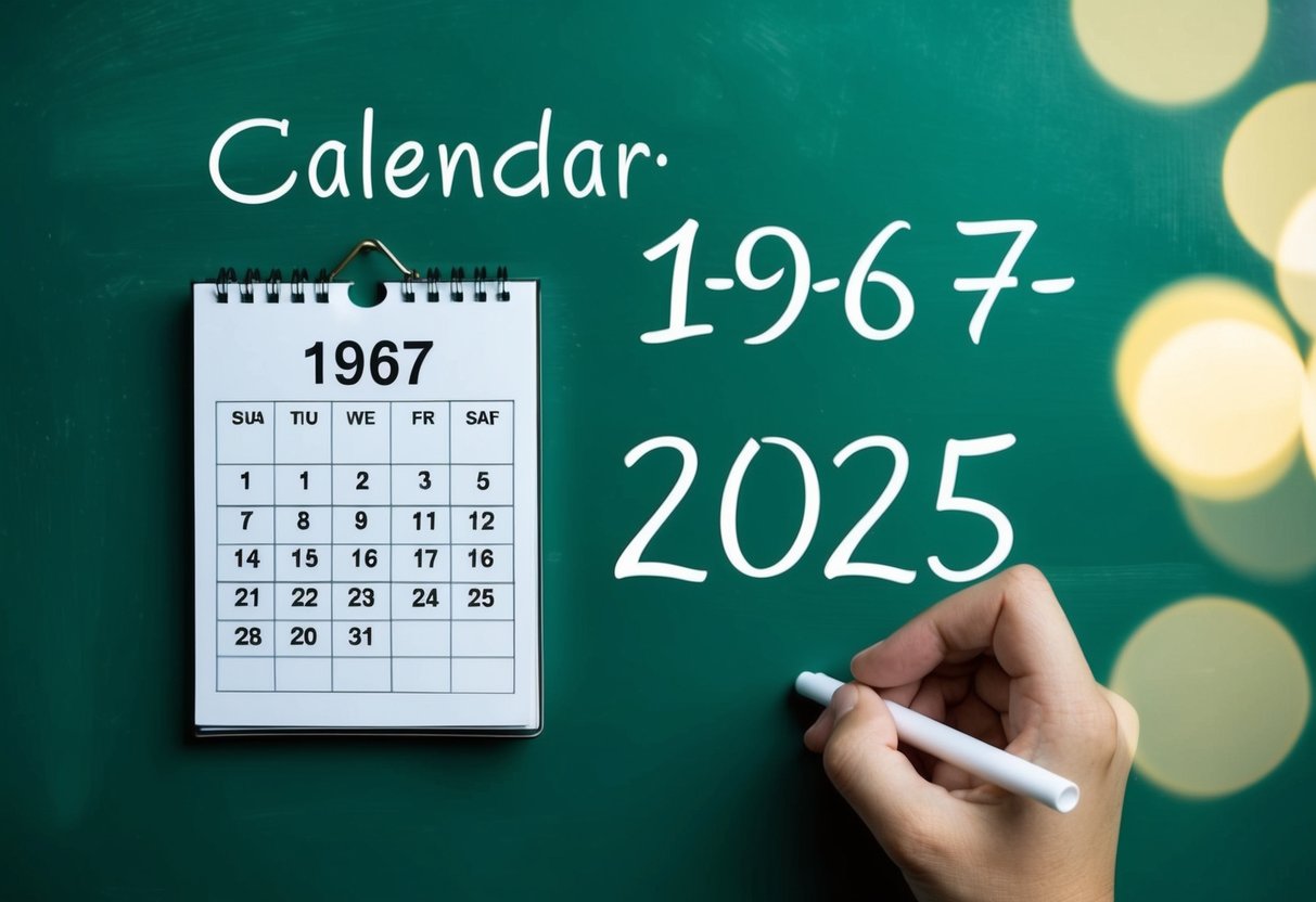 Um calendário mostrando os anos de 1967 e 2025 com uma equação matemática escrita em um quadro negro