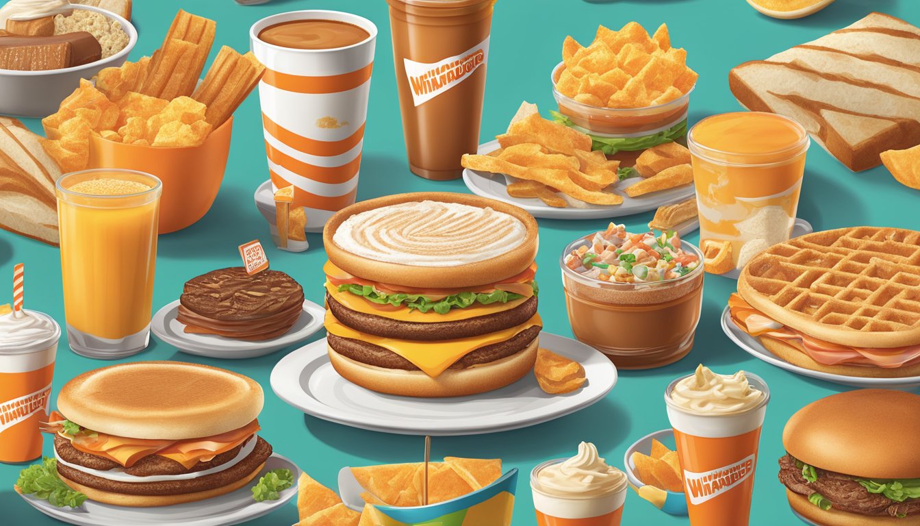 A colorful array of Whataburger breakfast items arranged in a whimsical, towering stack, with unique and unexpected combinations of ingredients