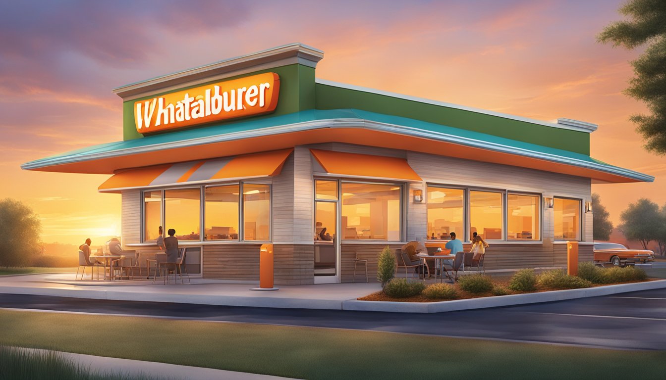 A colorful sunrise over a Whataburger restaurant, with a bustling drive-thru and customers enjoying breakfast on the outdoor patio