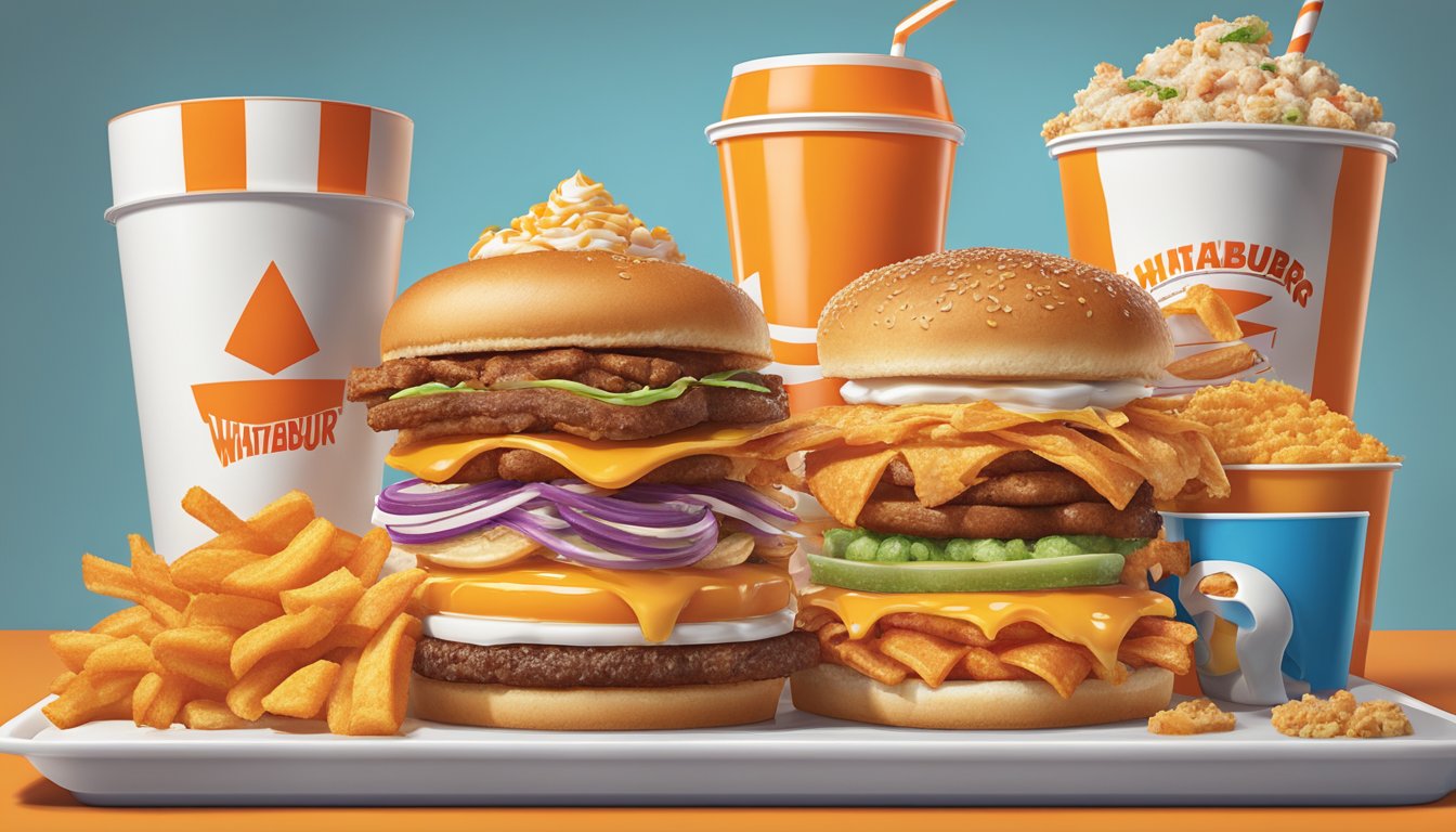 A colorful array of bizarre breakfast items piled high on a Whataburger tray, including unexpected combinations and unique thematic menu additions