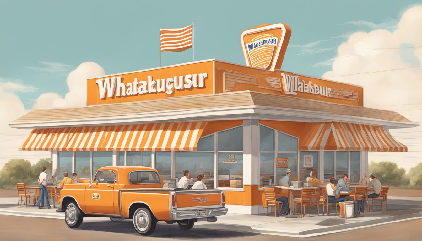 A vintage Whataburger restaurant with a classic breakfast spread and people engaging with social media challenges