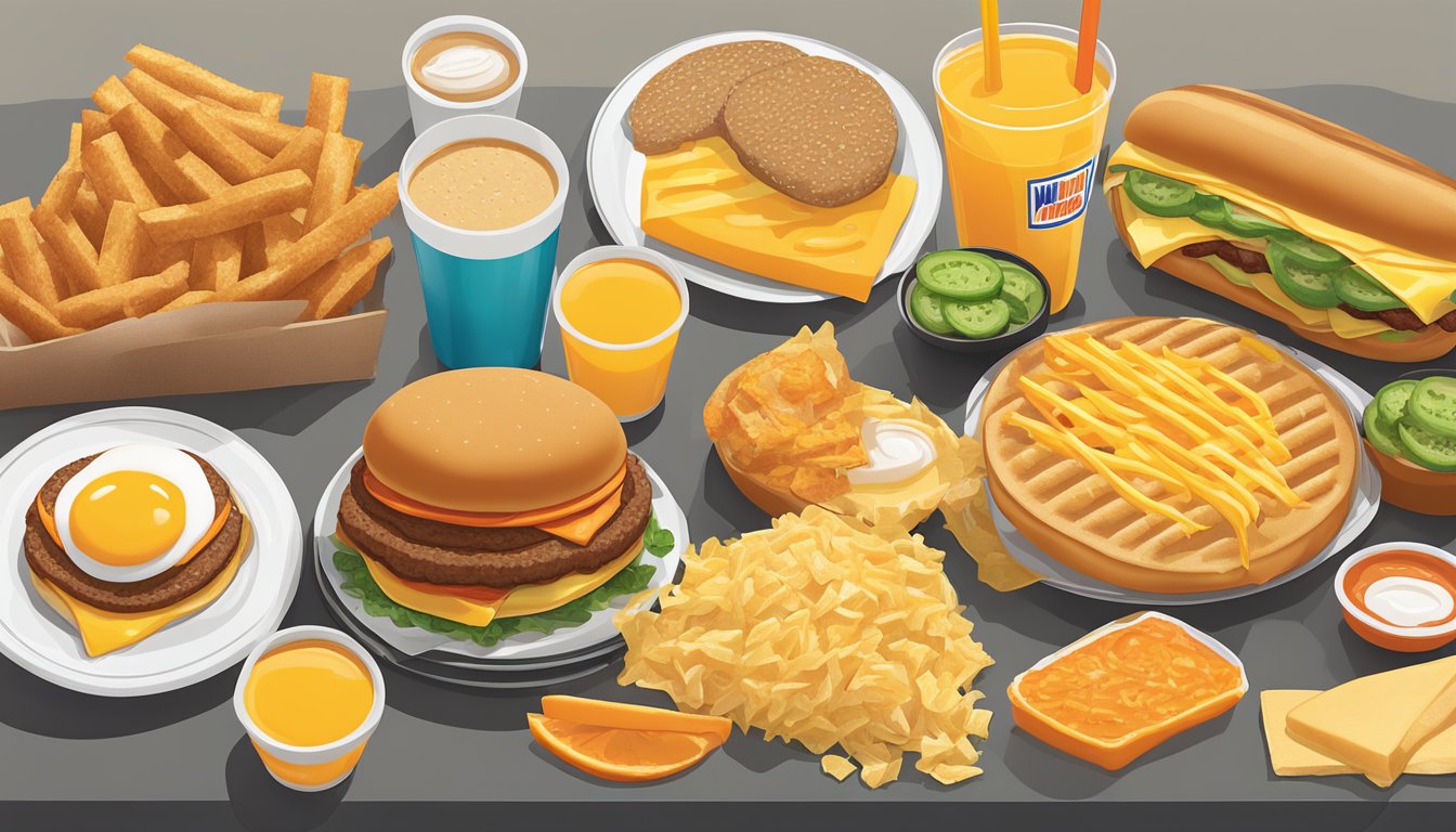 A colorful array of breakfast items from Whataburger, including a triple patty, egg, and cheese sandwich with jalapenos, hash browns, and a large orange juice