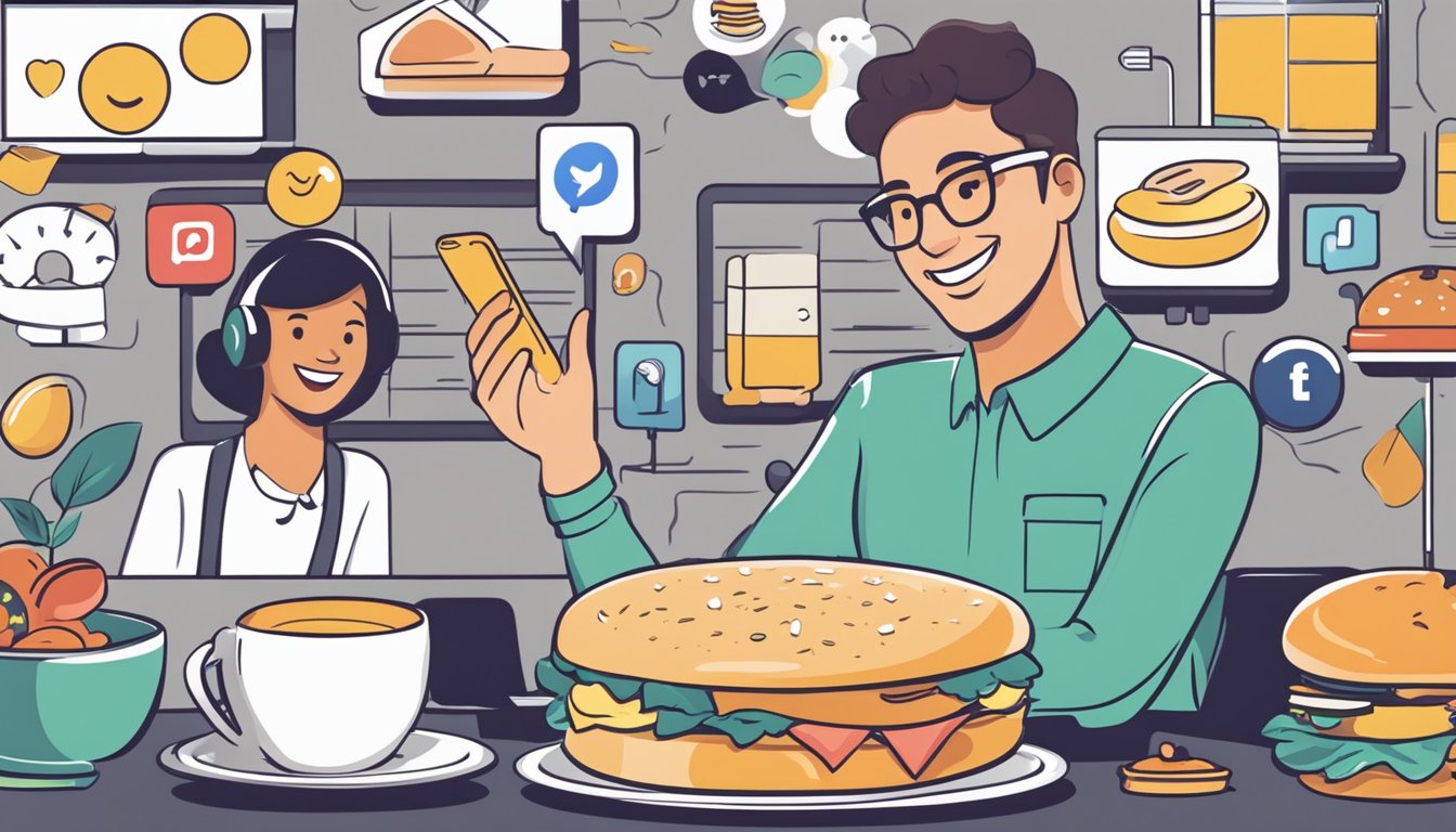 A smiling breakfast sandwich surrounded by social media icons and a customer service representative ready to assist