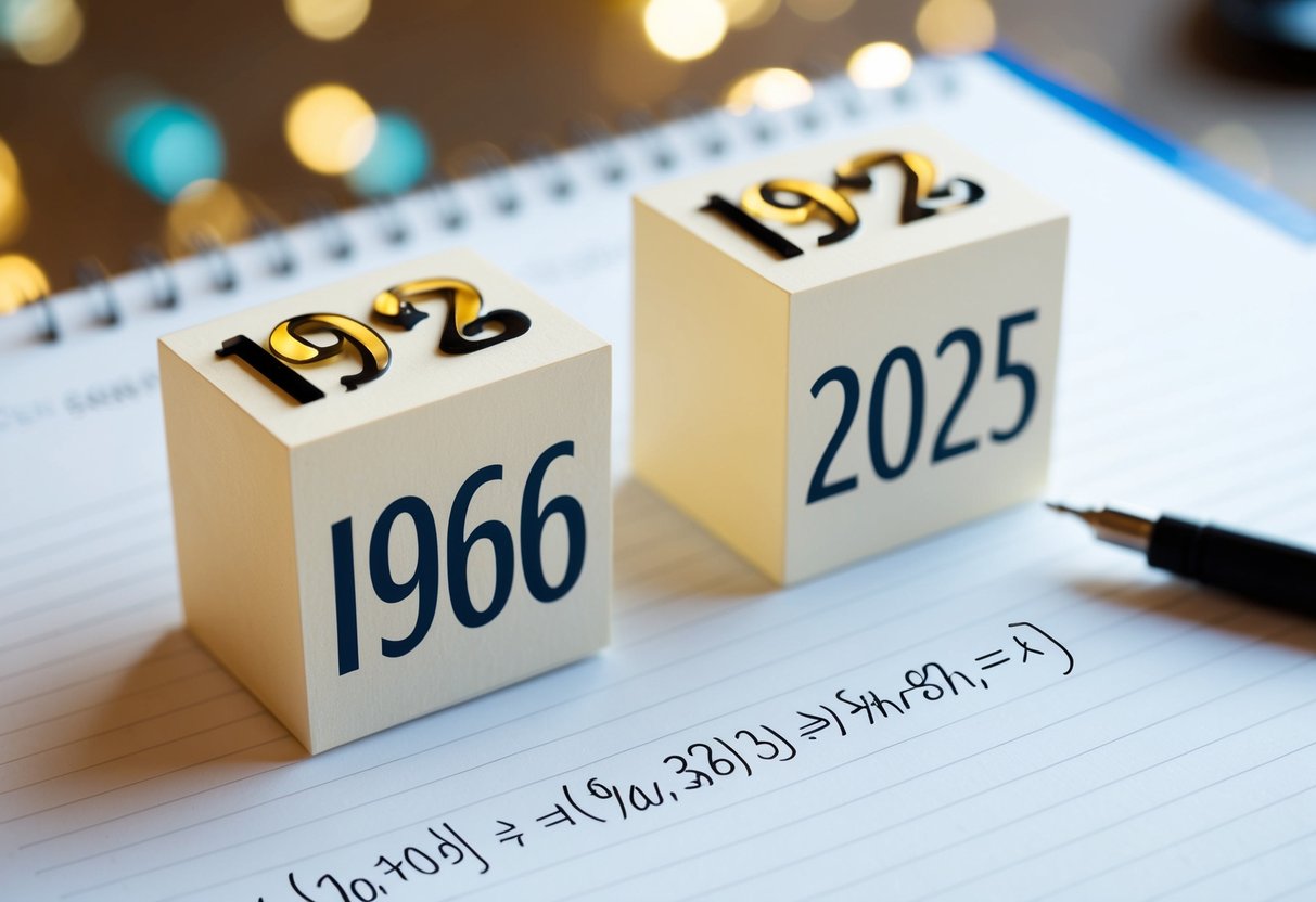 Um calendário mostrando os anos de 1966 e 2025 com uma equação matemática escrita em um pedaço de papel