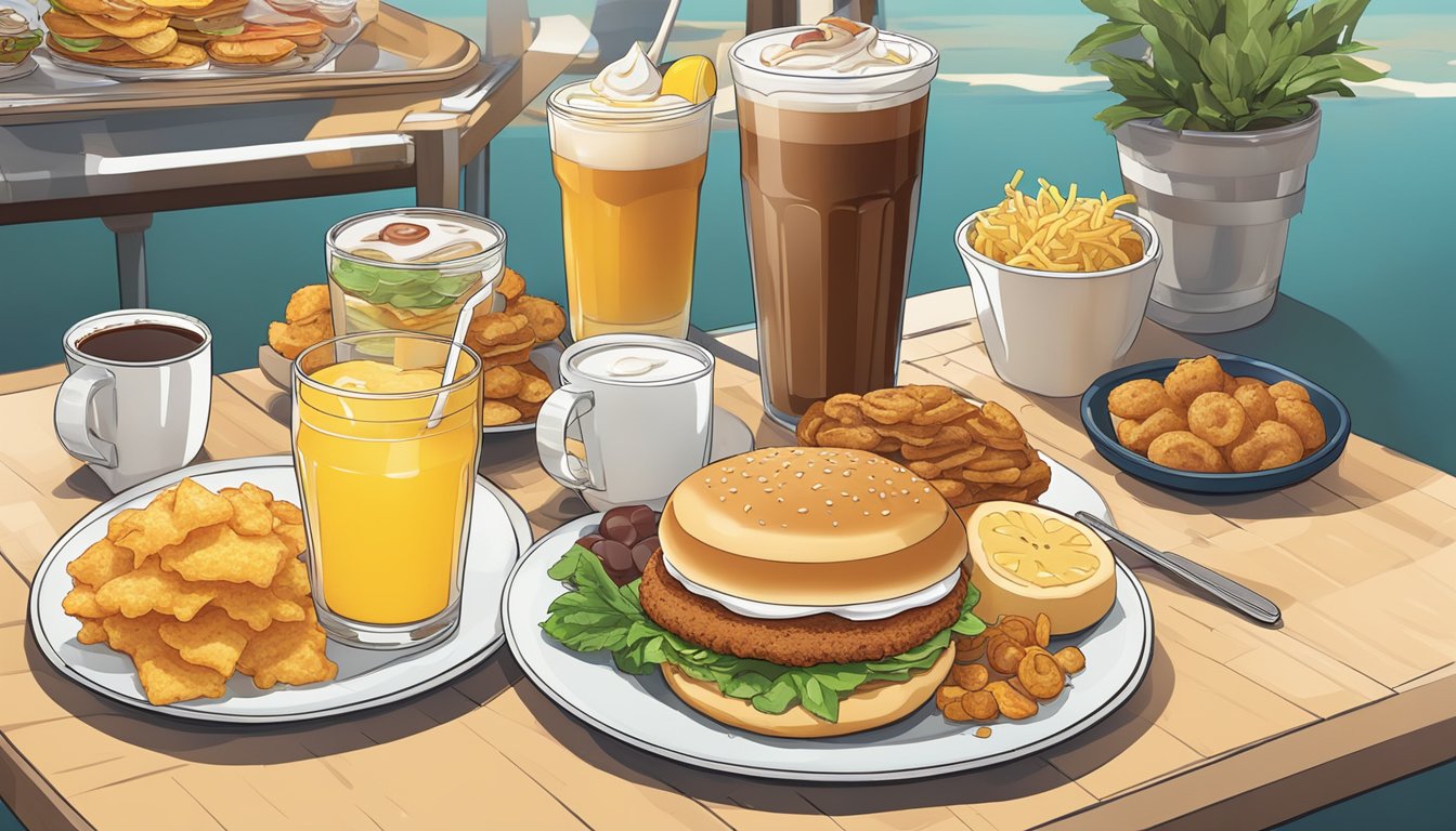 A table with a tray holding a breakfast sandwich, hash browns, and a large soda, surrounded by various other unique beverage choices