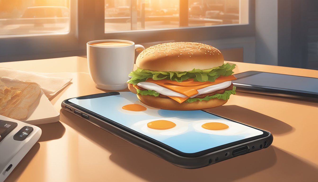 A steaming breakfast sandwich sits next to a smartphone displaying Whataburger's social media feed. The morning sun casts a warm glow over the scene