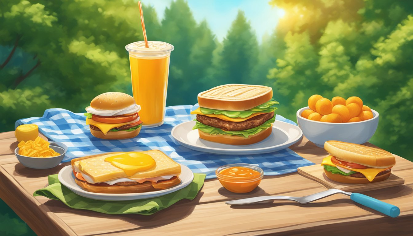 A sunny morning with a colorful Whataburger breakfast spread on a picnic table, surrounded by green trees and a clear blue sky